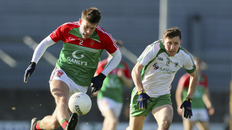Mattie Guiheen, Garrycastle, and Daniel Mimnagh, Emmet Og, Killoe, during the AIB Leinster Club SFC clash at TEG Cusack Park.