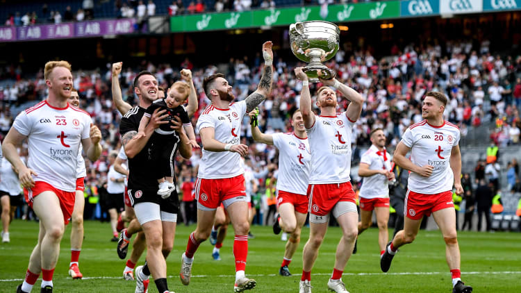 Darren McCurry of Tyrone celebrates scoring a goal, in the 58th minute, during the GAA Football All-Ireland Senior Championship Final match between Mayo and Tyrone at Croke Park in Dublin. 
