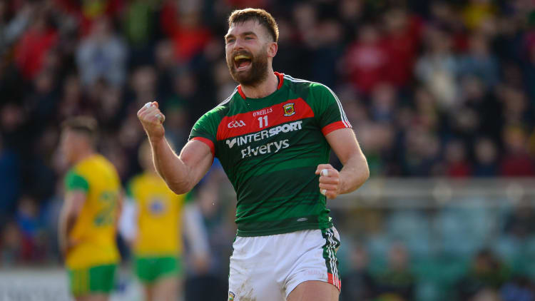 Aidan O Shea celebrates at the full time whistle as Mayo survived in Division One.