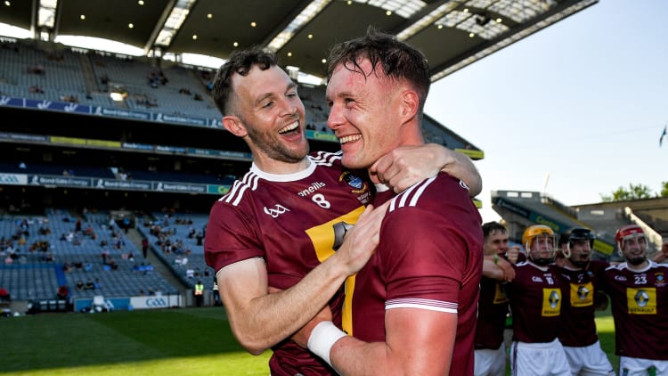 Cormac Boyle (left) and Tommy Doyle celebrate Saturday evening's win over Kerry at Croke Park.