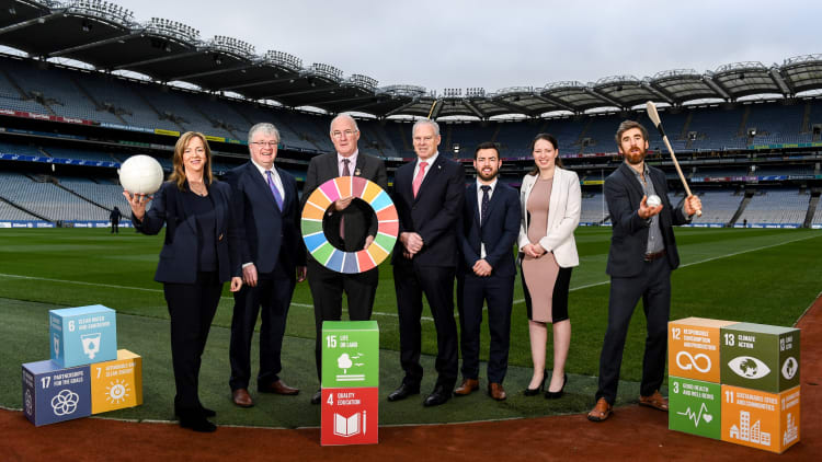 LGFA CEO Helen O'Rourke, Chairman of CCMA Michael Walsh, Uachtarán Chumann Lúthchleas Gael John Horan, Chariman of Local Autority Climate Change Steering Group Ciarán Hayes, Camogie Operations Manager Alan Malone, DCCAE Katie Aherne, and former Wexford hurler Diarmuid Lyng pictured at the GAA Local Authority SDG Launch at Croke Park.