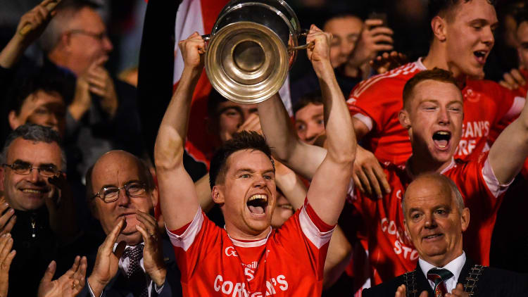 Ballintubber captain Damien Coleman lifts the Paddy Moclair Cup after victory over Breaffy in the Mayo SFC Final.