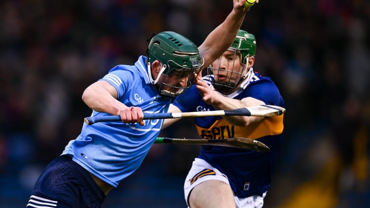 Aidan Mellett, Dublin, and Brian McGrath, Tipperary, in Allianz Hurling League action.