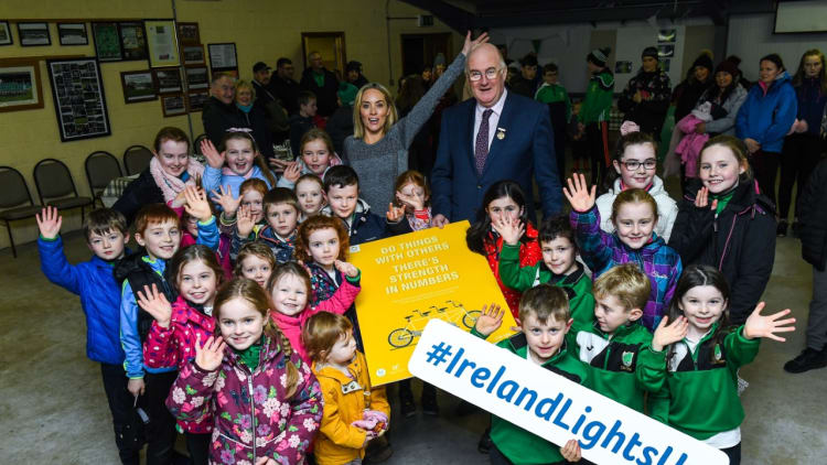 GAA President, John Horan, and Operation Transformation host, Kathryn Thomas, pictured at the 2020 Ireland Lights Up launch at the Coolderry Healthy GAA Club in Offaly.