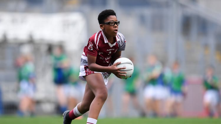 Zuriel Chucks of St Cronan's SNS, Brackenstown, in action against St Aidan's SNS, Brookfield, in the Corn Mhic Chaoilte Shield Final during day two of the 2019 Allianz Cumann na mBunscol Finals at Croke Park in Dublin.