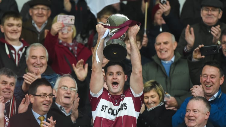 Mullinalaghta St Columba's captain Shane Mulligan lifts the cup after victory over Kilmacud Crokes in the AIB Leinster GAA Football Senior Club Championship Final.
