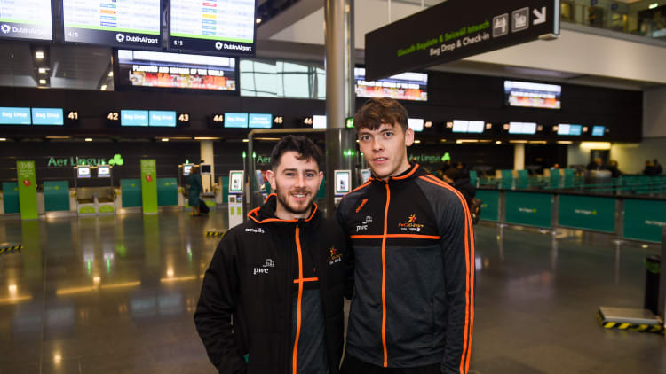 Kerry footballer David Clifford (r) pictured with Donegal footballer Ryan McHugh in Dublin airport before flying out on the 2018 PwC All-Star tour to Philadelphia.
