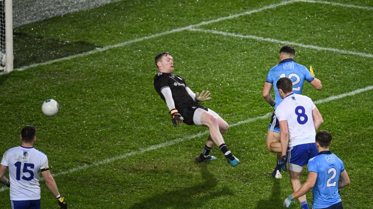 Kevin McManamon shoots to score a vital late goal for Dublin against Monaghan in Saturday's Allianz Football League Division 1 clash at Croke Park.