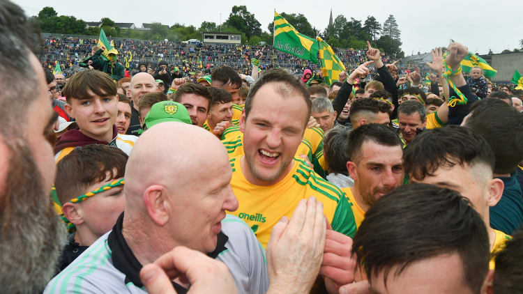 Donegal manager Declan Bonner and captain Michael Murphy celebrate at St Tiernach's Park.