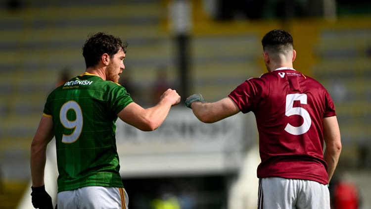 Padraic Harnan, Meath, and James Dolan, Westmeath, following the Allianz Football League Division Two North clash at Pairc Tailteann.