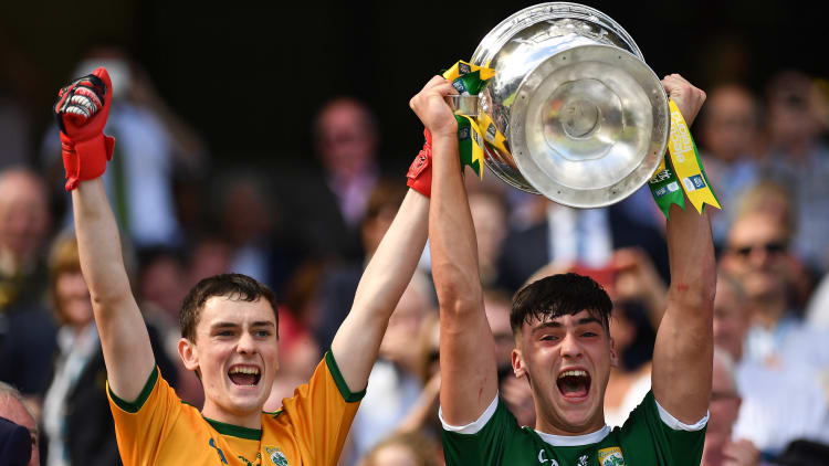 Kerry captain Paul O'Shea, right, and Keith O'Leary lift the Tom Markham Cup following victory over Galway in the Electric Ireland All-Ireland Minor Football Final.