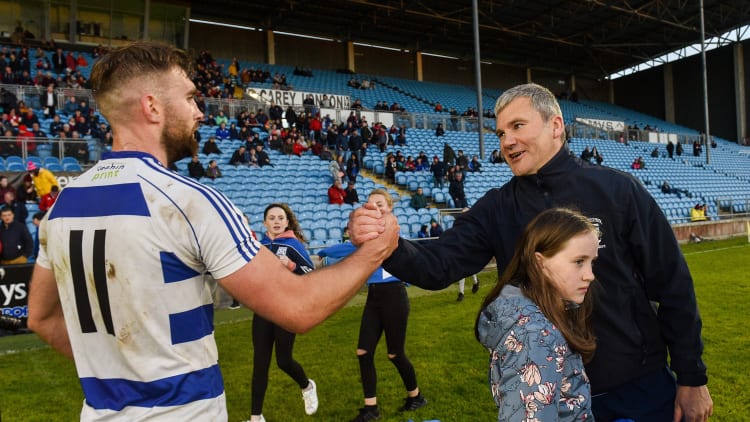 Westport manager James Horan and Aidan O'Shea of Breaffy after the Mayo County Senior Club Football Championship Quarter-Final match between Westport and Breaffy at Elvery's MacHale Park in Mayo.