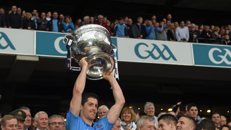 Rory O'Carroll lifts the Sam Maguire Cup after Dublin's 2015 All-Ireland SFC Final win over Kerry.
