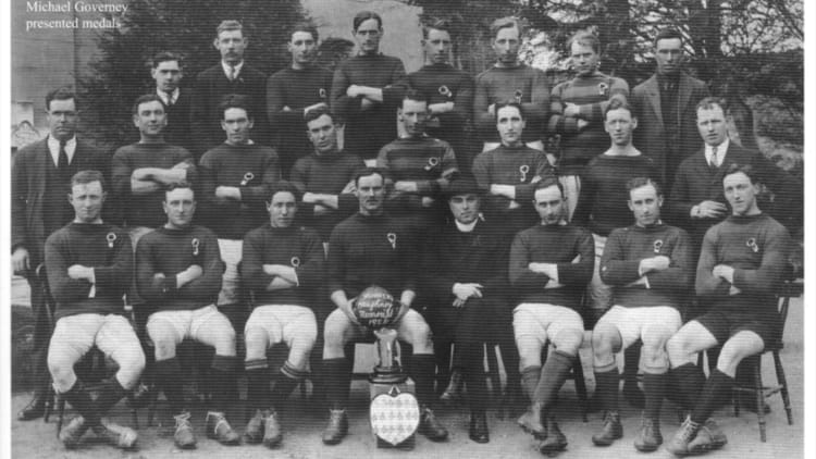 Haughney Memorial Final Sunday, March 16th, 1924, winners of cup and medals presented by the late Michael Governey, Chairman Carlow Urban District Council. Captain Barney Hennessy holds the ball (middle front row)