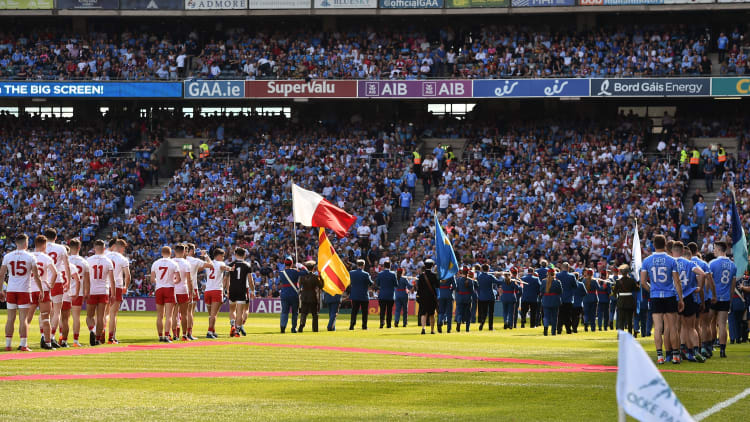 The Tyrone and Dublin teams ahead of the 2018 All Ireland SFC Final at Croke Park.