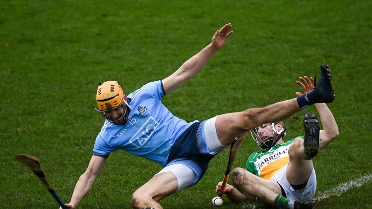 Eamonn Dillon of Dublin in action against Tom Spain of Offaly during the Bord na Móna Walsh Cup Round 2 match between Dublin and Offaly at Parnell Park, Dublin.