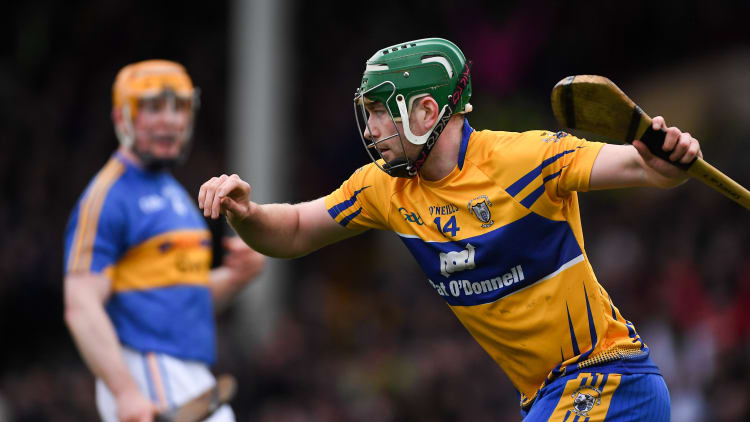 Cathal McInerney celebrates after scoring a goal for Clare in the Co-op Superstores Munster Hurling League Final against Tipperary.