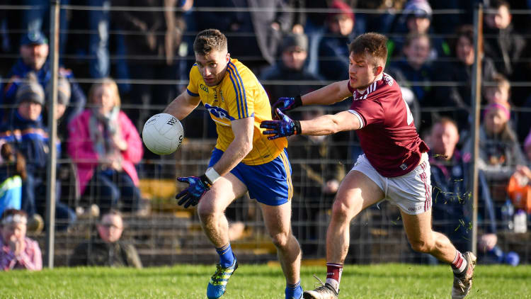 Cathal Cregg, Roscommon, and Eoghan Kerin, Galway, during the Connacht FBD League Final at Tuam Stadium.