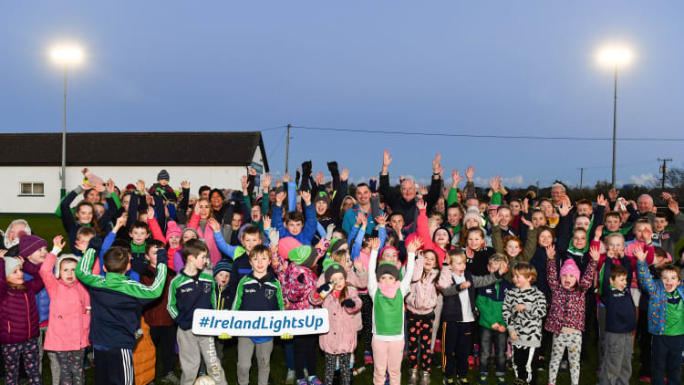 Attendees including Uachtarán Chumann Lúthchleas Gael John Horan and Karly Henry, Operation Transformation, at the launch of Ireland Lights Up with the GAA in partnership with RTÉ’s Operation Transformation and Get Ireland Walking at Ballyboughal GAA Healthy Club in Dublin.