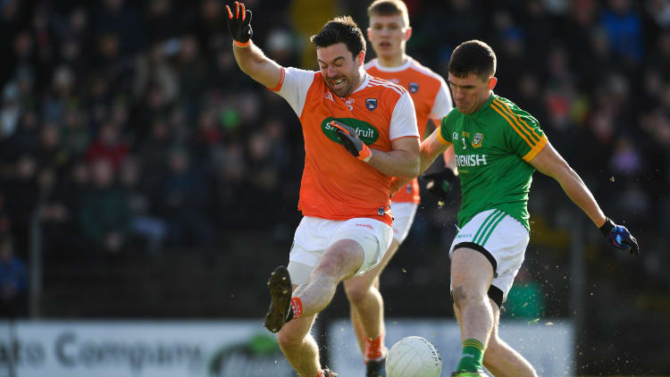 Shane McEntee kicks a score for Meath against Armagh at Pairc Tailteann.