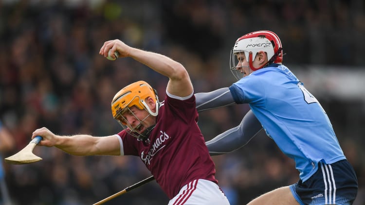 Davy Glennon, Galway, and Cian O'Callaghan, Dublin, in Allianz Hurling League action at Pearse Stadium.
