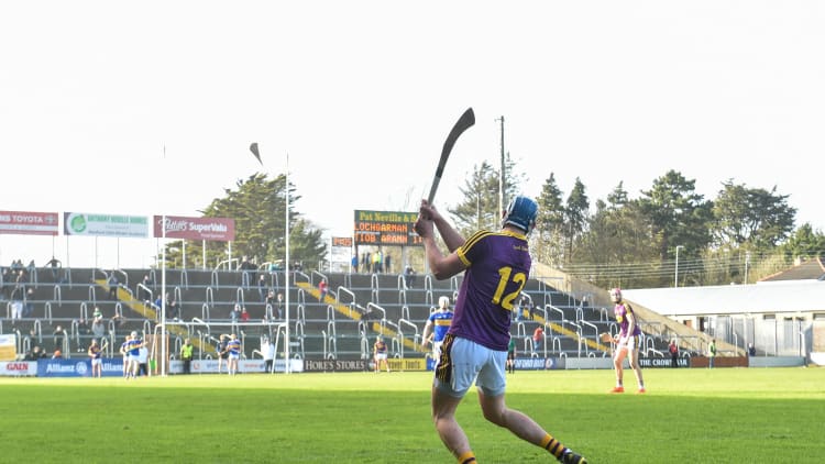 Wexford's Ian Byrne breaks his hurley while taking a free at Innovate Wexford Park.