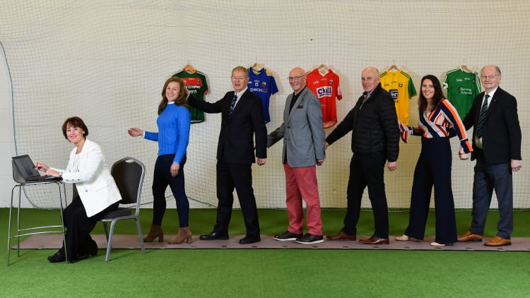 Professor Rose Anne Kenny,TILDA, far left, and TILDA Ambassadors, from left, Claire Egan, former Mayo footballer, Mícheál Ó Muircheartaigh, GAA commentator, Denis Coughlan, former Cork dual player, Anthony Molloy, former Donegal footballer, Maria Devenney, former Donegal footballer, and Eamonn Rea, fomrer Limerick Hurler, during the How to Age Well: GAA and TILDA Partnership launch at Croke Park in Dublin.