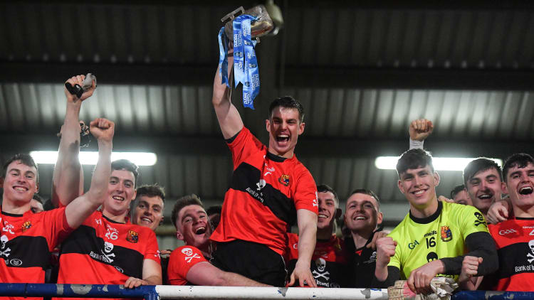 UCC captain Cian Kiely lifts the cup after the Electric Ireland HE GAA Sigerson Cup Final match between St Mary's University College Belfast and University College Cork at O'Moore Park in Portlaoise, Laois.