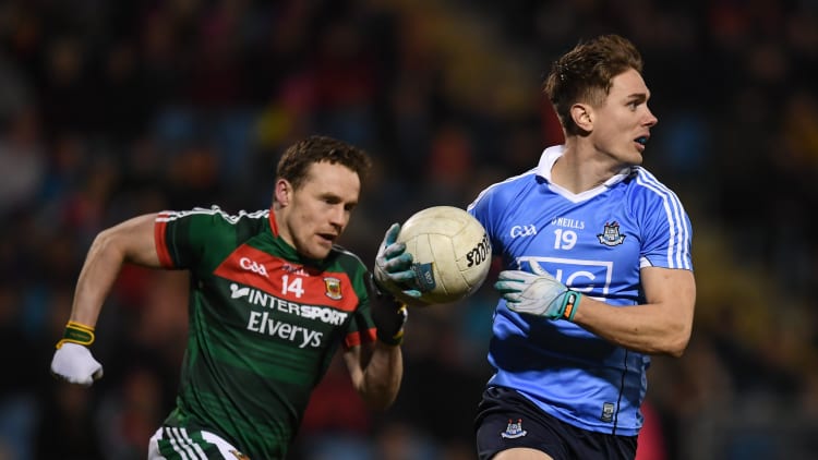 Michael Fitzsimons, Dublin, and Andy Moran, during an Allianz Football League clash at Elverys MacHale Park last February.