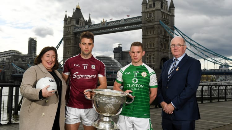 In attendance, from left, Siobhán McManamy of Tourism Ireland, Paul Conroy of Galway, Liam Gavaghan of London and Uachtarán Chumann Lúthchleas Gael John Horan, during the Sam Maguire coming ‘home’ to London as GAA and Tourism Ireland mark the start of Championship 2019 at St Katharine Docks in London, England.