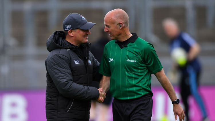 Dublin manager Jim Gavin with linesman Cormac Reilly before the Leinster GAA Football Senior Championship Semi-Final match between Dublin and Kildare at Croke Park in Dublin.