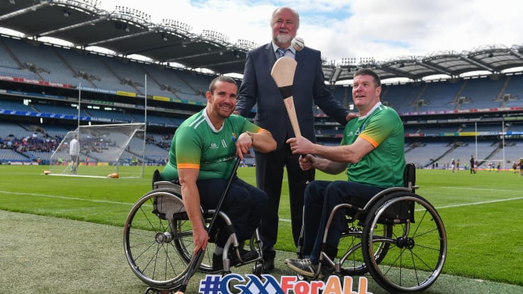 Martin Donelly, Sponsor, centre, with GAA International Wheelchair representative team captain Pat Carty, right, and vice-captain James McCarthy in attendance at the announcement of the first ever GAA International Wheelchair representative team at Croke Park in Dublin.