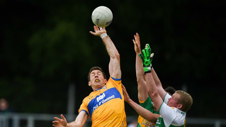Gary Brennan of Clare in action against Cathal McCrann of Leitrim during the GAA Football All-Ireland Senior Championship Round 2 match between Leitrim and Clare at Avantcard Páirc Seán Mac Diarmada in Carrick-on-Shannon, Leitrim.