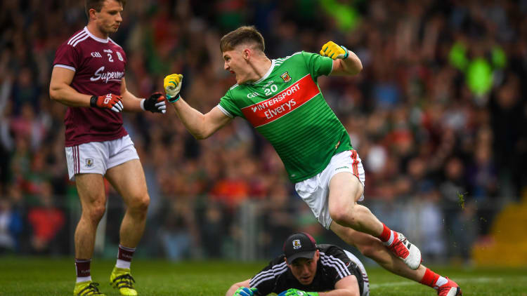 James Carr of Mayo celebrates after scoring his side's first goal during the GAA Football All-Ireland Senior Championship Round 4 match between Galway and Mayo at the LIT Gaelic Grounds in Limerick.