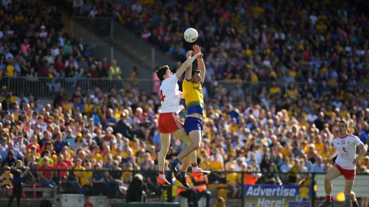 Diarmuid Murtagh of Roscommon in action against Rory Brennan of Tyrone during the GAA Football All-Ireland Senior Championship Quarter-Final Group 2 Phase 1 match between Roscommon and Tyrone at Dr Hyde Park in Roscommon.
