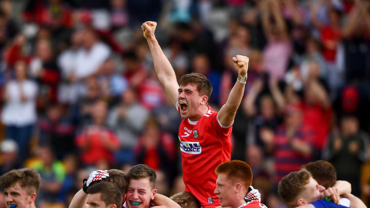 Peter O'Driscoll of Cork, centre, and team-mates celebrate following the EirGrid GAA Football All-Ireland U20 Championship Semi-Final match between Cork and Tyrone at Bord Na Mona O'Connor Park in Tullamore, Offaly.
