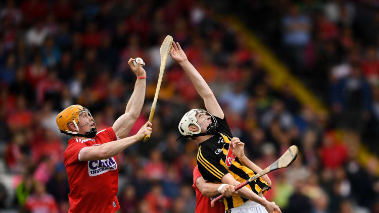 James Keating of Cork wins possession ahead of Seán Ryan of Kilkenny during the Bord Gáis GAA Hurling All-Ireland U20 Championship Semi-Final match between Kilkenny and Cork at O’Moore Park in Portlaoise, Laois.