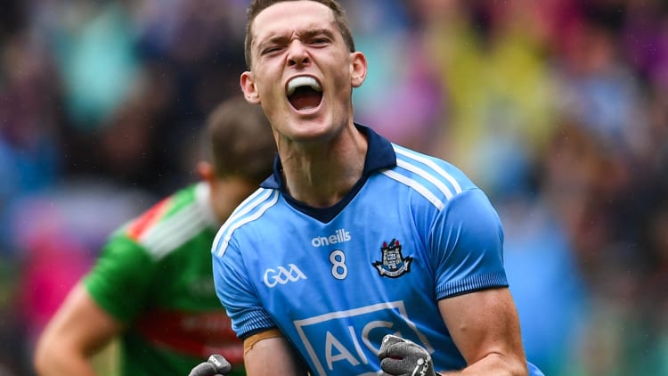 Brian Fenton of Dublin celebrates after scoring his side's third goal during the GAA Football All-Ireland Senior Championship Semi-Final match between Dublin and Mayo at Croke Park in Dublin.