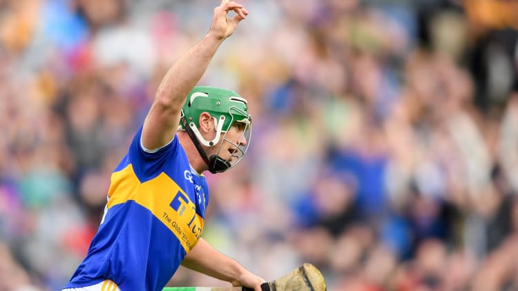 John O'Dwyer celebrates after scoring Tipperary's third goal against Kilkenny at Croke Park on Sunday.