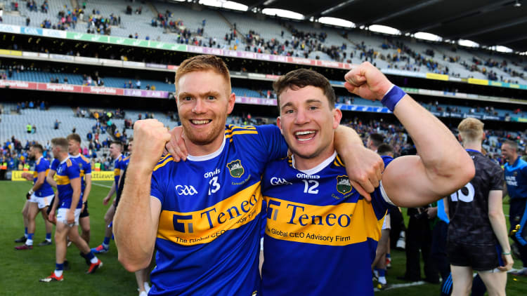 Niall O’Meara, right,and Jason Forde, left, celebrate following Tipperary's victory over Kilkenny in the All-Ireland Senior Hurling Championship Final at Croke Park on Sunday.