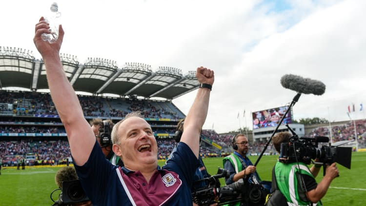 Mícheál Donoghue celebrates after the 2017 All Ireland SHC Final at Croke Park.