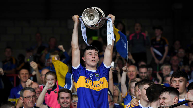 Tipperary captain Craig Morgan lifts the James Nowlan Cup following the Bord Gáis Energy GAA Hurling All-Ireland U20 Championship Final match between Cork and Tipperary at LIT Gaelic Grounds in Limerick.