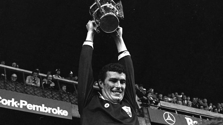Joe Connolly raises the Liam MacCarthy Cup for Galway in 1980.