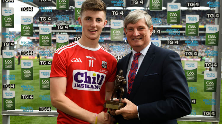 Conor Corbett of Cork is presented with the Player of the Match award by, Pat O’Doherty, Chief Executive, ESB, for his major performance in the Electric Ireland GAA Football All-Ireland Minor Championship Final match between Cork and Galway at Croke Park in Dublin.7