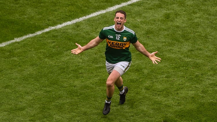 Stephen O'Brien celebrates after scoring a crucial goal for Kerry against Tyrone in the All-Ireland SFC semi-final.