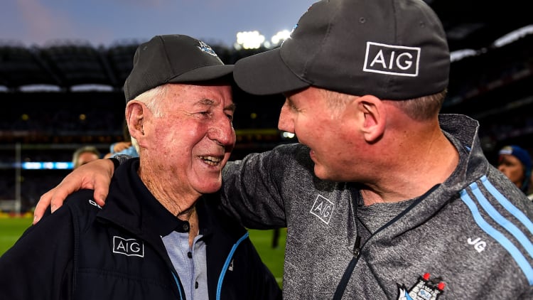 Jim Gavin embraces his father, Jimmy, after the 2019 All Ireland SFC Final replay at Croke Park.