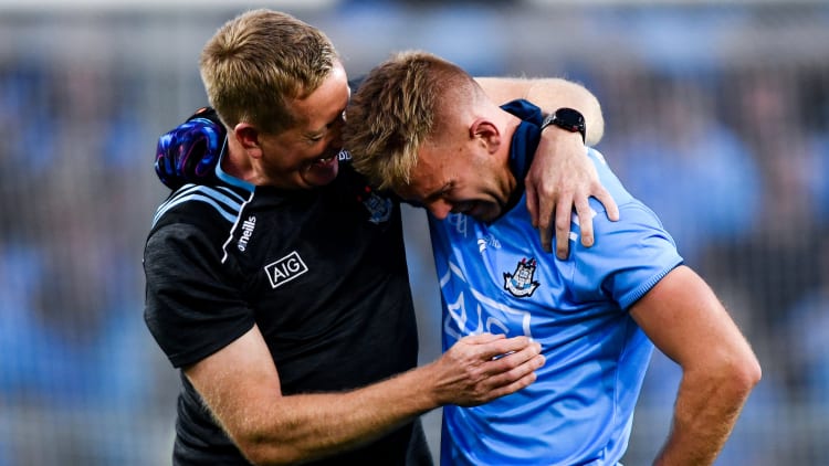 Dublin selector Declan Darcy congratulates Jonny Cooper after victory over Kerry in the All-Ireland SFC Final replay.