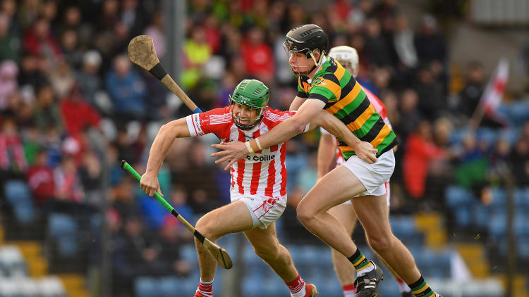 Seamus Harnedy, Imokilly, and Calvin Healy, Glen Rovers, during the Cork Senior Hurling Championship Final at Pairc Ui Rinn.