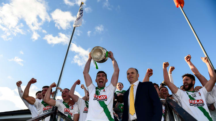 Seán Campbell of Sarsfields lifting the cup following the Kildare County Senior Club Football Championship Final replay between Moorefield and Sarsfields at St Conleth's Park in Newbridge.
