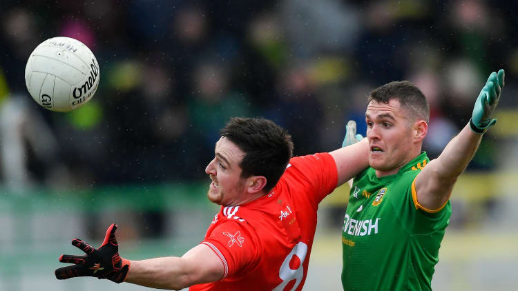 Tommy Durnin of Louth in action against Bryan Menton of Meath during the 2020 O'Byrne Cup Round 1 match between Meath and Louth at Páirc Tailteann in Navan, Co Meath.